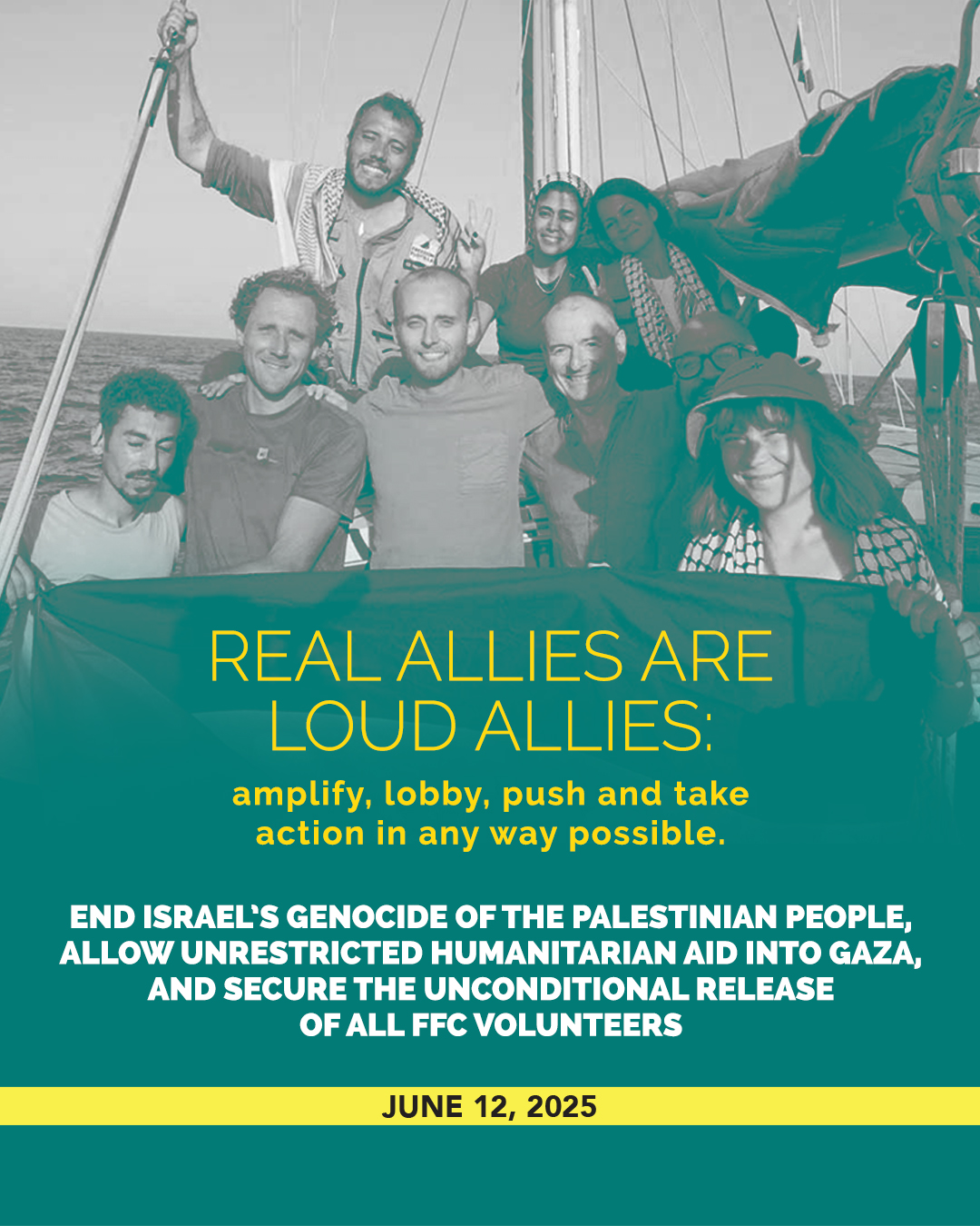 Nous exigeons la fin du génocide perpétré par Israël contre le peuple palestinien, l’acheminement sans restriction de l’aide humanitaire à Gaza, et exigeons la libération inconditionnelle de tous les volontaires de la FFC